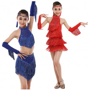 Red royal blue fuchsia hot pink fringes sequins girls kids children performance competition school play latin salsa cha cha samba dance dresses outifts